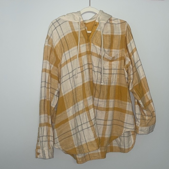Tops - American Eagle Women’s Cozy Cabin Oversized Flannel Hoodie Size XL Yellow/Cream